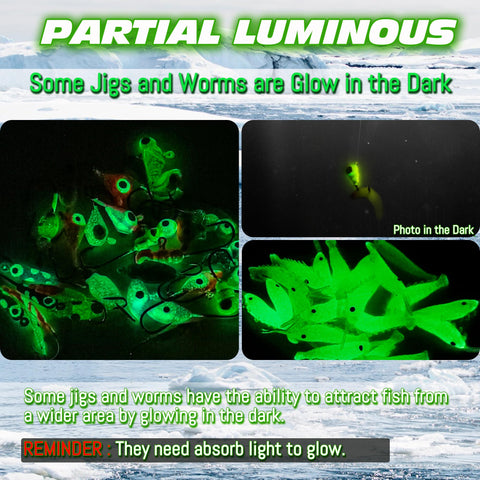 Glow-in-the-dark fish jigs from the 160 Piece Ice Fishing Jigs And Soft Worm Baits Kit With UV And Micro Glow For Walleye Crappie Panfish Trout All In One Winter Tackle Set For Ice Fishing Box Included.