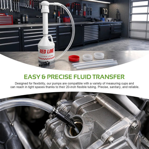 Heavy Duty 30cc Hand Oil Transfer Pump for quick transmission fluid and gear oil with flexible tubing and measuring cups.