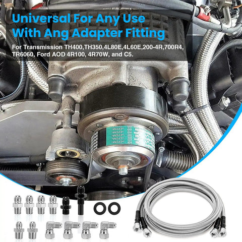 Beefed Up Heavy Duty Stainless Braided Transmission Cooler Line Kit 70 Inch 6AN shown with engine and adapter fittings.