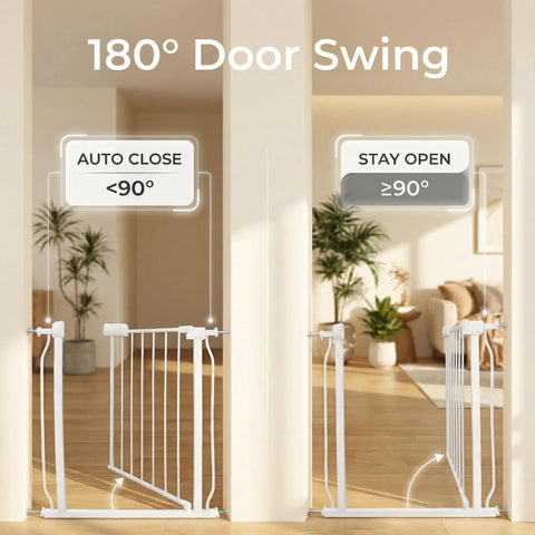Extra Wide Indoor Baby Gate For Doorways And Stairs Pressure Mounted White Metal 67 To 71.6 Inch Wide With Extensions Walk Through 20.9 Inch Swing Door Pet Safe Gate For Kids And Dogs shown with 180° door swing feature in modern home setting