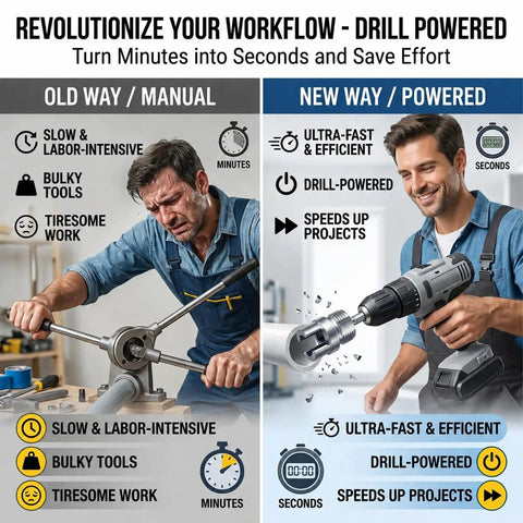 Comparison of old manual PVC threading vs new Four In One PVC Pipe Threader For Internal And External Threading Works With Electric Drills