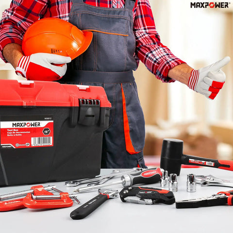Man organizing tools with Portable Tool Box Set 3 Pack With Removable Tray For Garage And Workshop Organization 13 Inch 15 Inch And 17 Inch Plastic Toolboxes Durable Stackable And Easy To Carry