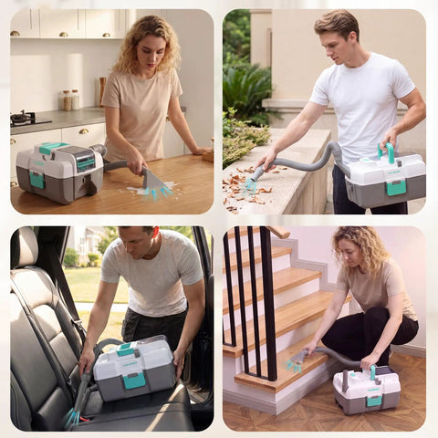 Badass 24V Cordless Wet And Dry Shop Vacuum With Two Gallon Bucket and Brushless Motor in use on various surfaces.