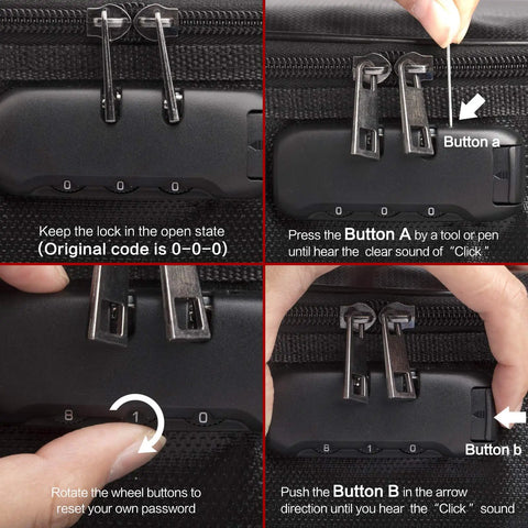 Instructions for setting the code lock on the Fireproof Document Bag With Lock And Money Bag For On The Go Travel, Water Resistant Fire Safe File Organizer, Dual Layer Fiberglass Fireproof Storage Bag With Code Lock, Carry Along Portable Multi Layer Safe Bag In Black.