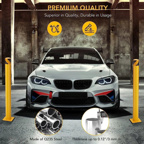 Rock Solid Steel Safety Bollards Built Tough For Indoor Outdoor Driveway Defense Parking Lot Guard storefront shield, 48-inch steel post with anti-corrosion finish.