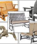 Collage of benches and rocking chairs featuring Patio Glider Rocker Bearing Arm Replacement Bracket Kit Nine Inch Length
