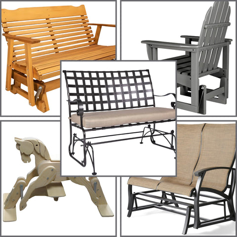 Collage of benches and rocking chairs featuring Patio Glider Rocker Bearing Arm Replacement Bracket Kit Nine Inch Length