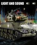 1 18th Scale RC Battle Tank With BB Shooting, Smoke And Lights, Realistic M4A3 Sherman Remote Control Army Toy on display