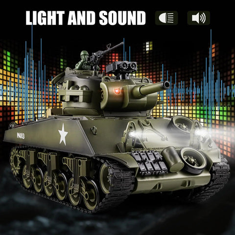 1 18th Scale RC Battle Tank With BB Shooting, Smoke And Lights, Realistic M4A3 Sherman Remote Control Army Toy on display