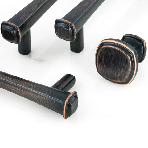 Close-up of Vintage Square Brushed Bronze Cabinet Knobs Set Of 10 for Cabinets and Drawers Oil Rubbed Hardware