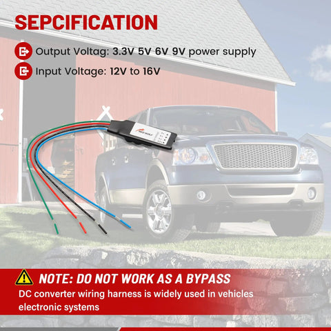 DC 12V To 3.3V 5V 6V 9V Step Down Voltage Regulator For Cars And Trucks 2A Max Output shown with wiring and truck