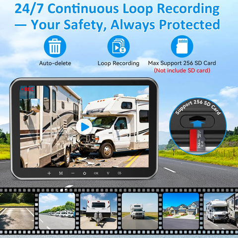 Wireless RV Camera System Plug And Play For Pre Wired RVs 8 Inch HD 1080P Monitor showing RV view with 24/7 loop recording.
