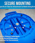 Beefy Heavy Duty 10 Inch Cable Reel Dispenser Stand base with secure mounting rods and tabs, shown on a workshop floor.