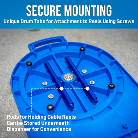 Beefy Heavy Duty 10 Inch Cable Reel Dispenser Stand base with secure mounting rods and tabs, shown on a workshop floor.