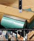 Six Piece Square Hole Drill Bit Set High Speed Steel Mortising Chisel Bits For Woodworking Pine Mdf Particle Board 1/4 To 9/16 Inches in use on wooden board.