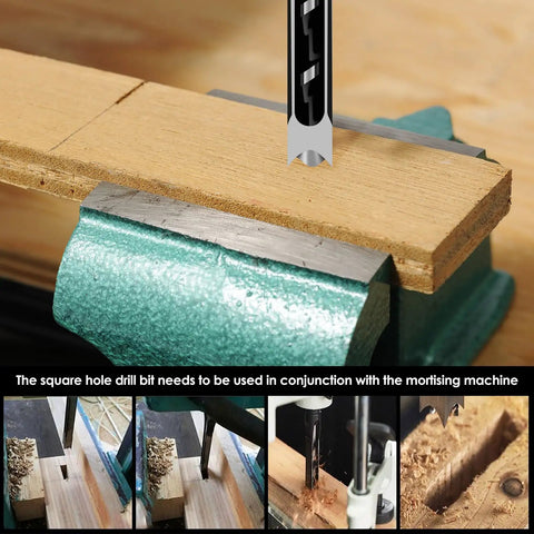 Six Piece Square Hole Drill Bit Set High Speed Steel Mortising Chisel Bits For Woodworking Pine Mdf Particle Board 1/4 To 9/16 Inches in use on wooden board.