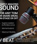 V Beat Drum Microphone Compact Dynamic Supercardioid Mic For Tom And Snare With Adjustable Swivel Mount, in use on snare drum.