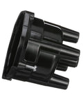 Distributor Cap for MerCruiser Marine Engines With Conventional Ignition Systems, side view, showing PBT PET blend and brass inserts.