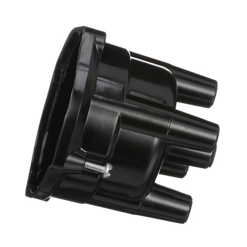 Distributor Cap for MerCruiser Marine Engines With Conventional Ignition Systems, side view, showing PBT PET blend and brass inserts.