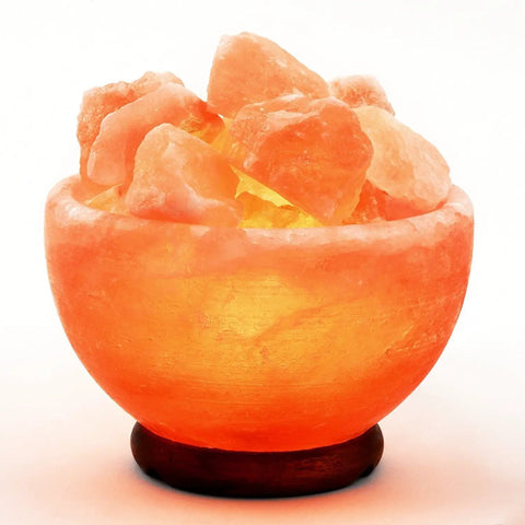 Himalayan Salt Chip Bowl Lamp With Dimmer Switch Hand-Carved Stone Salt Lamp On Premium Wood Base Cozy Warm Glow For Chill Vibes And Relaxation Great Gift For Any Occasion on wooden base