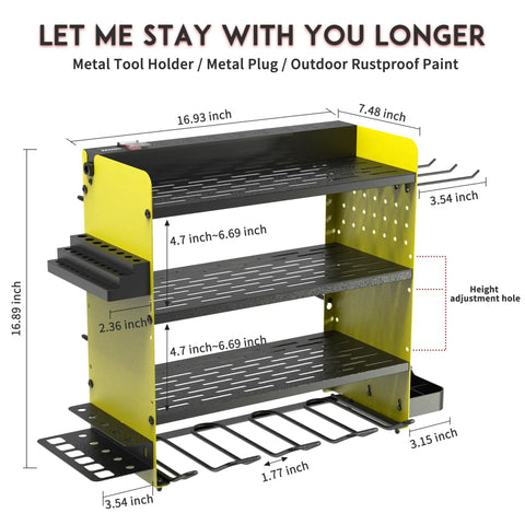 Power Tool Organizer 4 Layer Heavy Duty Drill Holder Wall Mount Metal Garage Storage Rack dimensions in inches