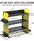 Four Layer Power Tool Organizer Wall Rack With Eight Drill Holders, metal design with dimensions, garage storage, front view