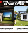 All In One 10x8ft Golf Simulator Enclosure With Hitting Net HD Impact Screen Target Cloth Foam Padding displayed indoors and outdoors