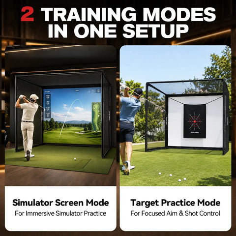 All In One 10x8ft Golf Simulator Enclosure With Hitting Net HD Impact Screen Target Cloth Foam Padding displayed indoors and outdoors