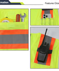 Close-up of Kickin Hard On The Job With This Blaze Bright Hi Vis Safety Vest Packing 360 Degree Reflective Strips showing pockets and tools.