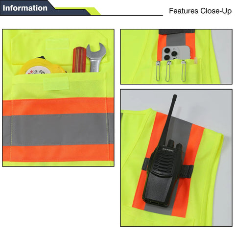 Close-up of Kickin Hard On The Job With This Blaze Bright Hi Vis Safety Vest Packing 360 Degree Reflective Strips showing pockets and tools.