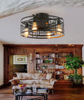 19.68 Inch Caged Ceiling Fan With Lights For Bedroom And Kitchen in a rustic living room setting.