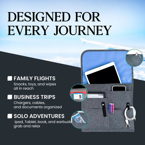 The Low Key Essential Airplane Seat Back Organizer Expands Over Tray Tables To Keep Your Commuter Carry On Gear Crisp And Stress Free During Every Seamless Flight journey, featuring multiple pockets for tablets and essentials.