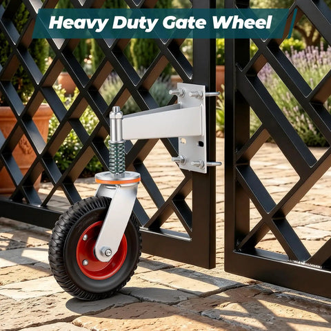 Built Tough Eight Inch Heavy Duty Fence Gate Wheels Featuring Spring Loaded Pivoting Rollers And Premium Double Ball Bearings For Smooth Rural Ranch Property Movements mounted on a black gate.