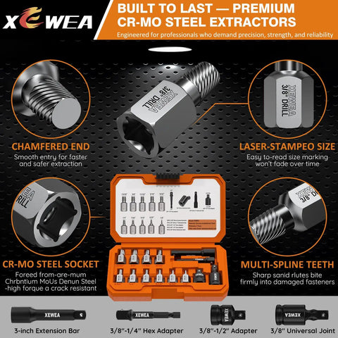 Solid 14-Piece Multi-Spline Screw Extractor Set For Your Garage With Easy Out Bits And Adapters To Rip Broken Bolts Out Like A Pro. Cr-Mo steel kit in case