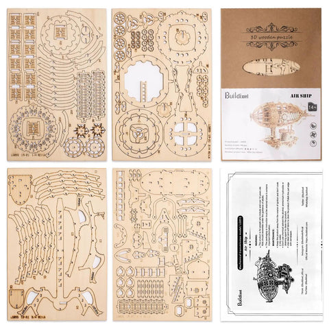 Flat lay of 3D Wooden Puzzle Airship Kit For Adults And Teens Educational Brain Teaser Model Building Kit Premium Plywood Parts