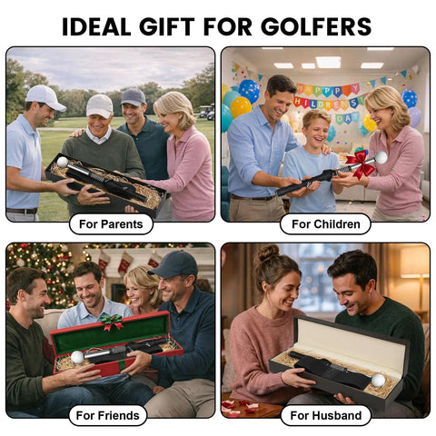 Collage showing different people gifting Retractable Golf Swing Trainer With Arm Band as presents to family and friends.