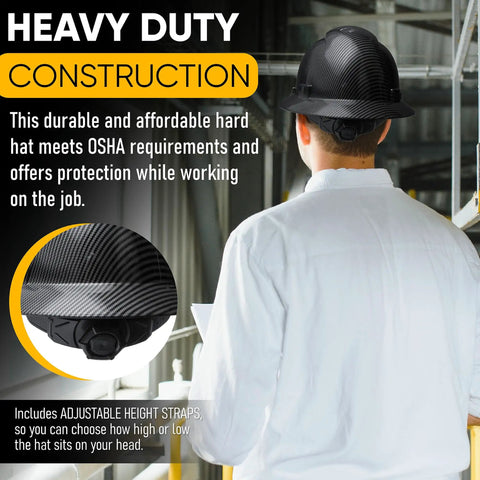 Worker wearing Full Brim Vented Construction Hard Hat With 6 Point Ratcheting System Meets ANSI Z89 1 OSHA Safety Helmet