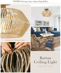 Handmade Rattan Ceiling Light Fixture With Woven Shade Boho Style in cozy living room setting, showcasing handwoven craftsmanship.