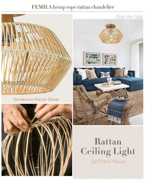 Handmade Rattan Ceiling Light Fixture With Woven Shade Boho Style in cozy living room setting, showcasing handwoven craftsmanship.