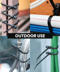 Beefy Heavy Duty Zip Ties With Screw Hole For Mounting 75 Lb Tensile Strength Seven And A Half Inch Indoor Outdoor Nylon Cable Ties 50 Pack Black Universal Cable Tie Buckles securing cables in different outdoor setups.