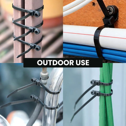 Beefy Heavy Duty Zip Ties With Screw Hole For Mounting 75 Lb Tensile Strength Seven And A Half Inch Indoor Outdoor Nylon Cable Ties 50 Pack Black Universal Cable Tie Buckles securing cables in different outdoor setups.