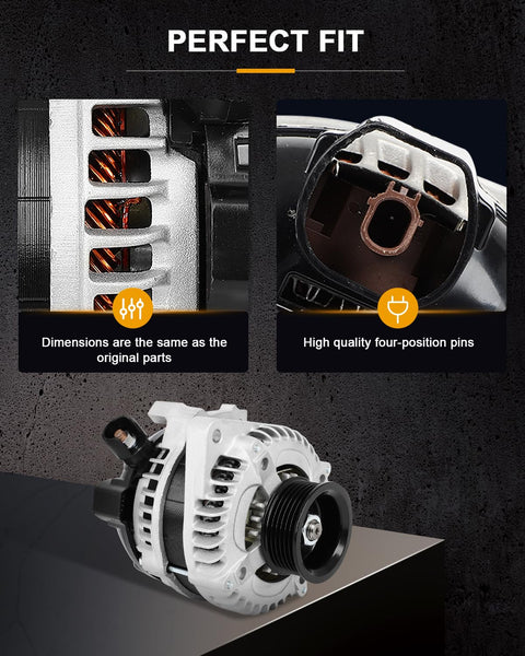 Alternator Replacement For Honda Accord 3.5L 2013 2014 2015 2016 2017 Direct Fit High Output Beefed Up Upgrade With Easy Install Reliable Charging System Heavy Duty Auto Part with focus on detailed product features like dimensions and connector pins.