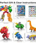 5 In 1 Transforming Dinosaur Robot Set For Kids And Toddlers STEM Building Kit With Triceratops Action Figures displayed with dimensions and packaging