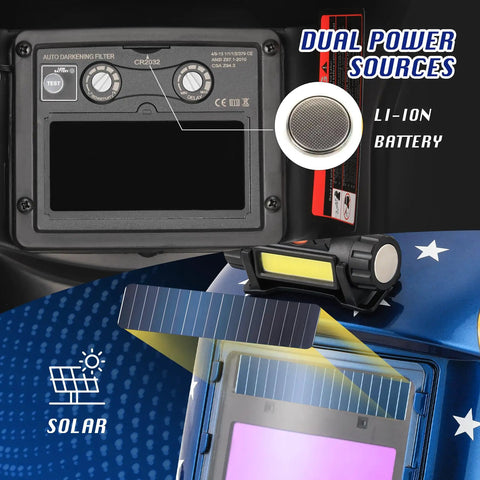 Close-up of Auto Darkening Welding Helmet With LED Light True Color Solar Powered Welder Hood Adjustable Shade 4/9-13