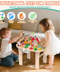 Children playing at Gotta Have This Solid Wood Montessori Activity Table For One Year Olds with colorful sensory toys.