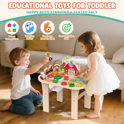 Children playing at Gotta Have This Solid Wood Montessori Activity Table For One Year Olds with colorful sensory toys.