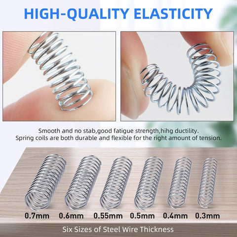 Compression springs set: six stainless-steel sizes (0.7-0.3 mm) in a 300-piece kit.