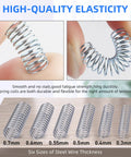 Front view of stainless steel compression springs assortment kit with 200 pieces in six wire-thickness sizes (0.7-0.3mm)