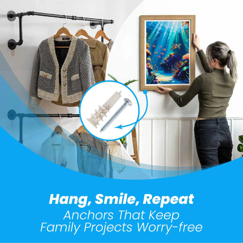 Self Drilling Drywall Anchors And Screws Kit 30 Piece Set with woman hanging picture on wall