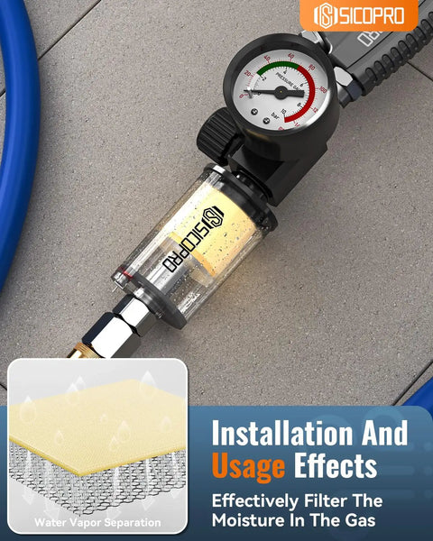 Inline Air Compressor Water And Oil Separator Filter With Pressure Gauge, 1/4 Inch Inlet shown on floor, transparent housing visible.